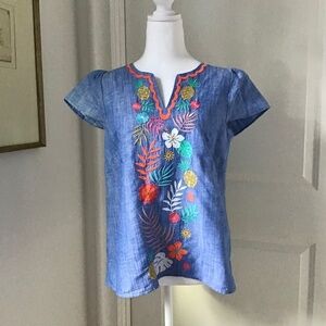 NWOT Talbots Sz S Petite Women’s Chambray Embroidered Linen-Cotten Blend Top